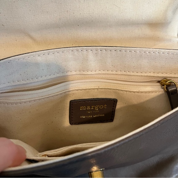 Margot New York Crossbody Purse grey gray Leather gold hardware Turn Lock Pocket - Picture 2 of 5